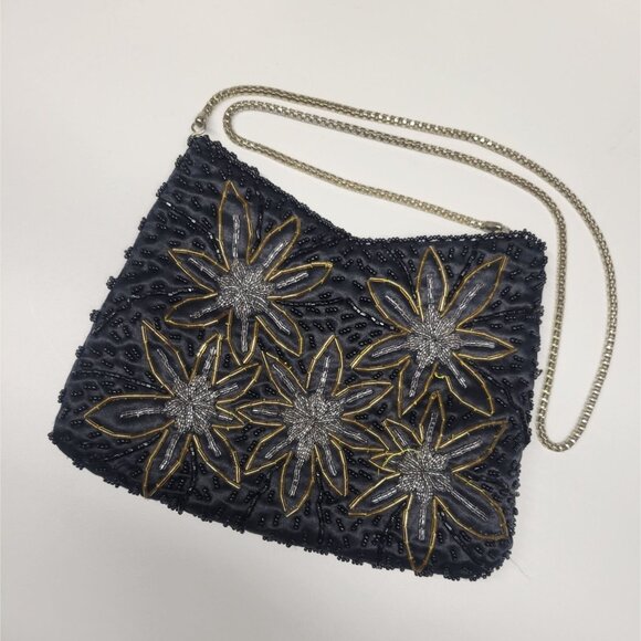 La Regale Handbags - Vintage Beaded Purse Evening Cocktail Floral Design Metal Box Chain La Regale